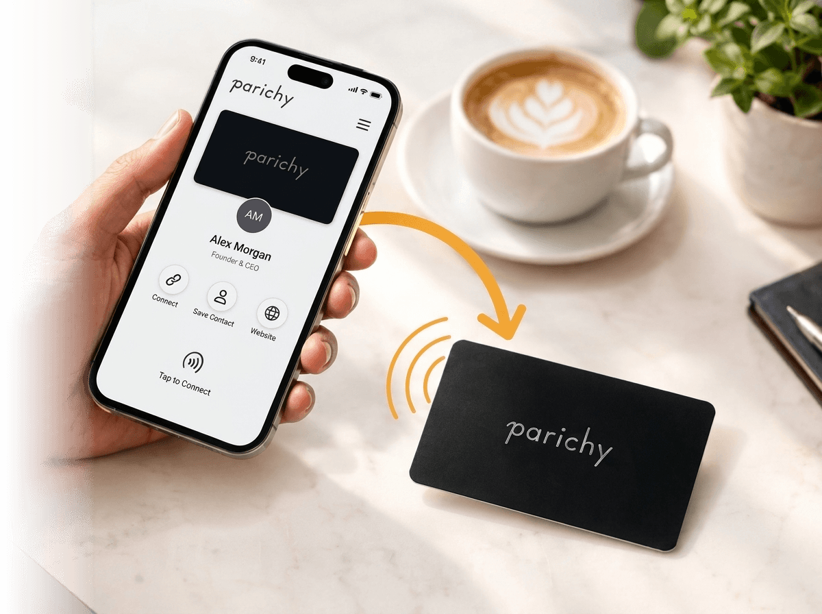 Smartphone displaying a digital NFC business profile beside a Parichy NFC card on a desk
