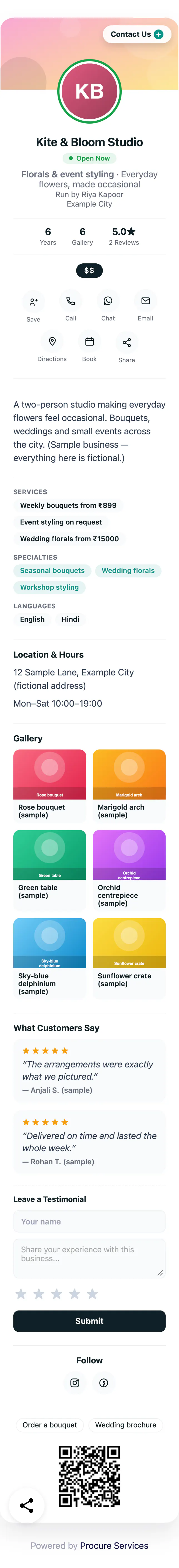 Sample Individual Business profile: Kite & Bloom Studio, a florist, with services, opening hours, a gallery and customer reviews.